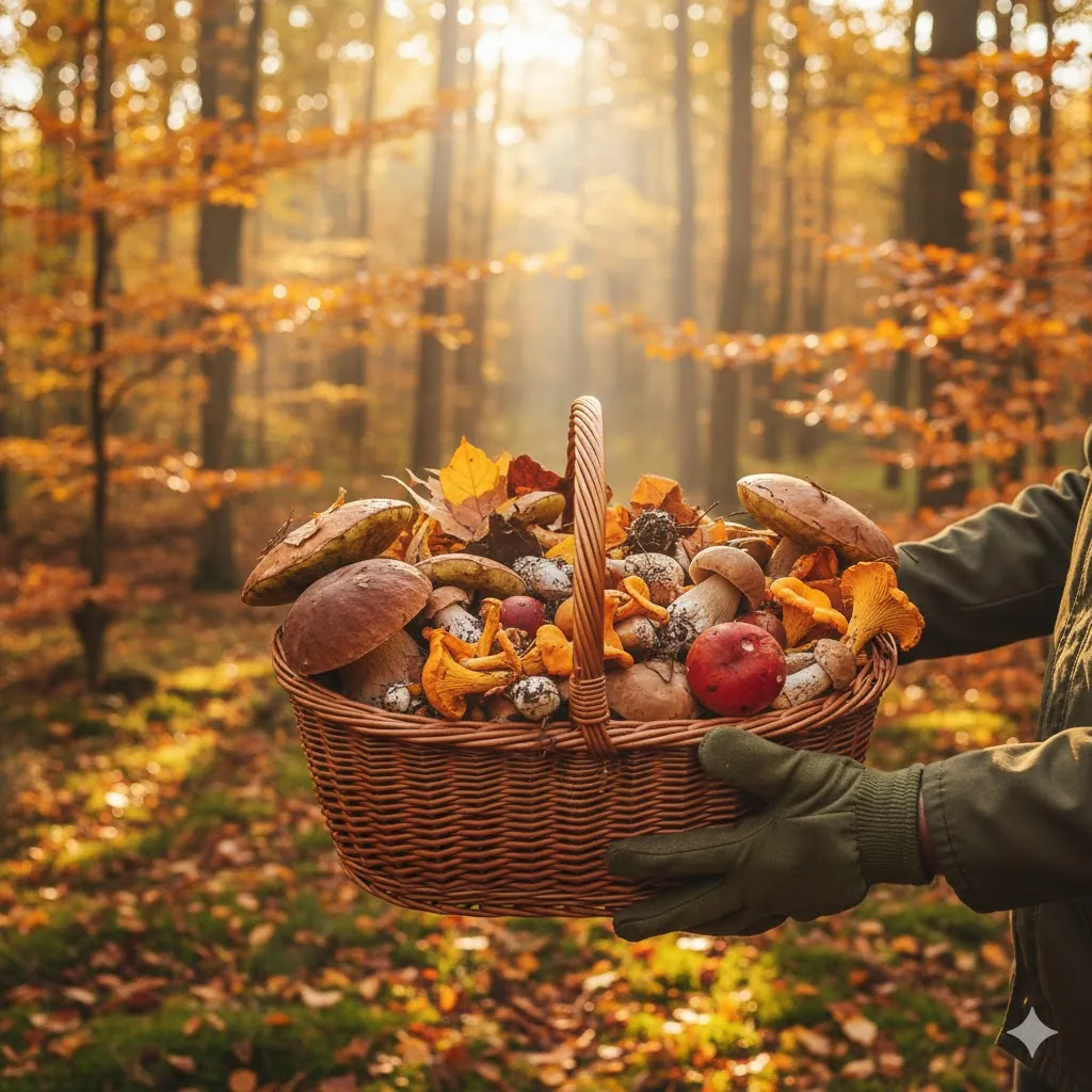 Руки держат корзину с разными грибами на фоне осеннего леса