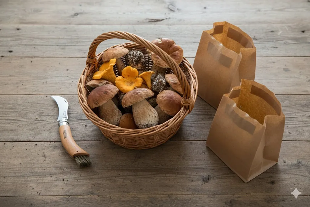 Разложенные на деревянном столе: плетеная корзина, складной нож, бумажные пакеты