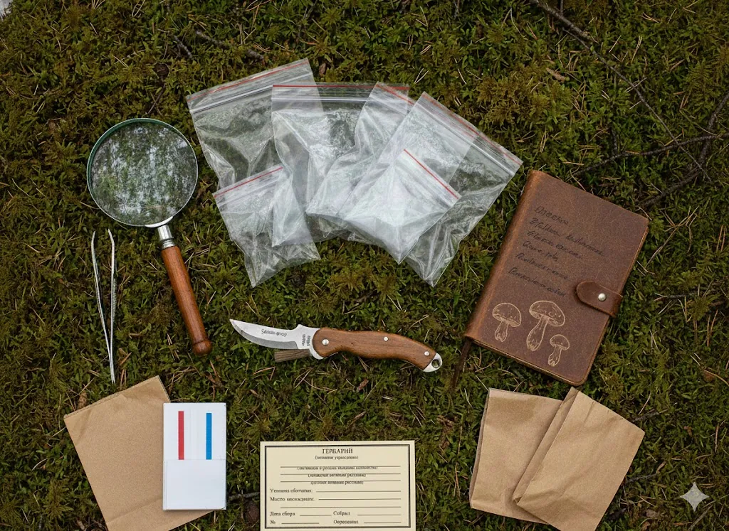 Разложенный полевой набор миколога