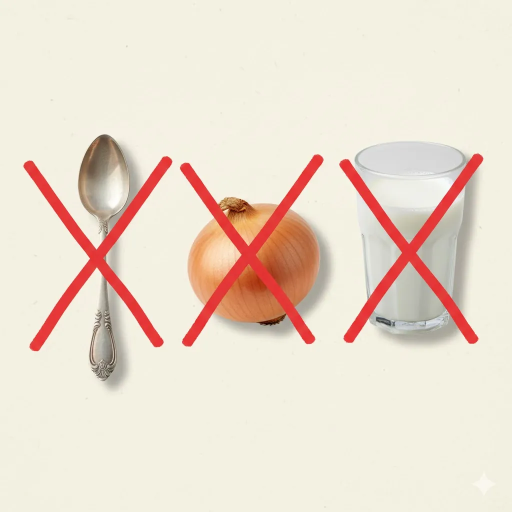Юмористический коллаж: серебряная ложка, луковица, молоко — всё перечеркнуто красным